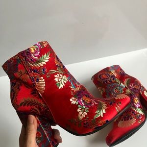 BAMBOO Bright Red Floral Ankle Boots ✨